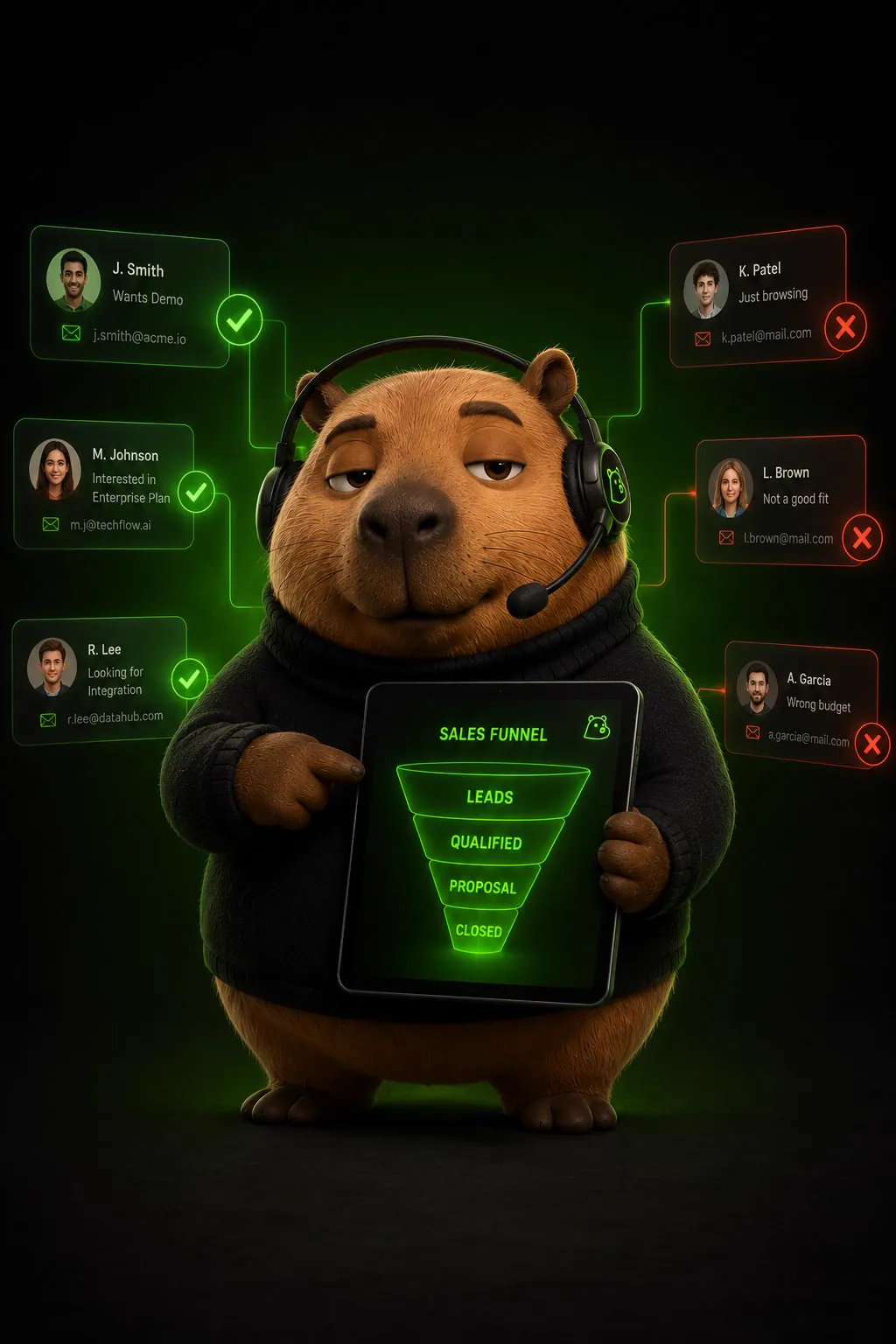 Don Capi con diadema de call center mostrando un embudo de ventas: leads calificados en verde, descartados en rojo